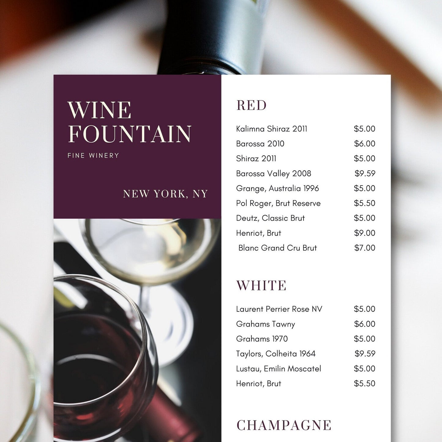 Wine List Event Menu Signs