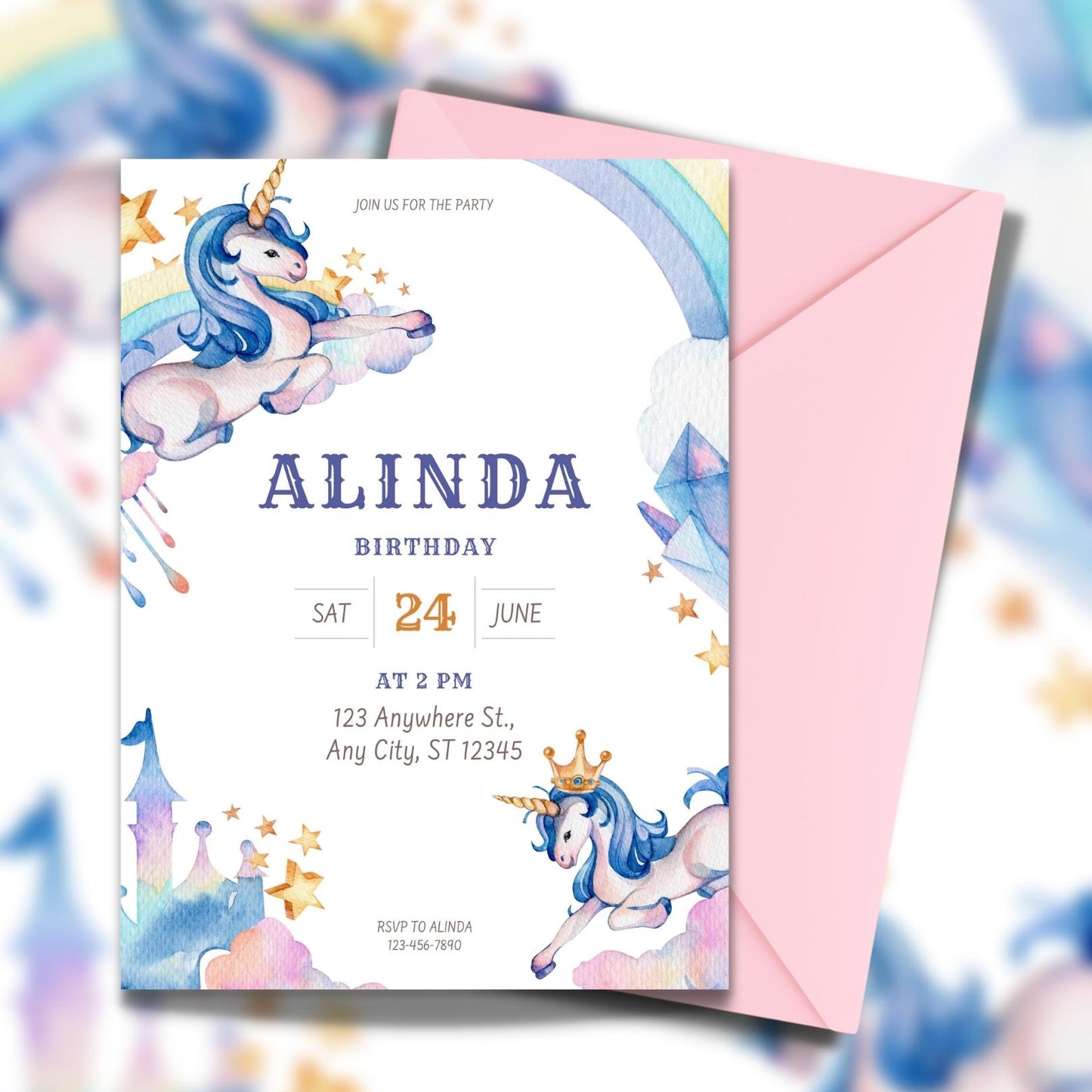 Watercolor Unicorn Crystal Palace Invitation