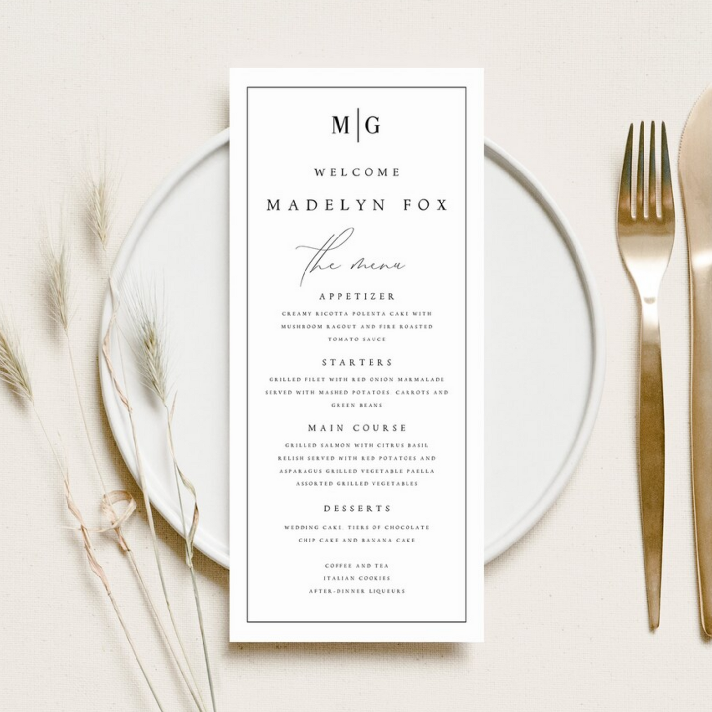 Modern Script Wedding Menu 4x9 Dinner Menu