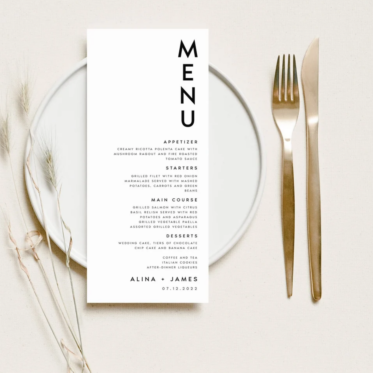 Modern Wedding Menu 4x9 Dinner Menu