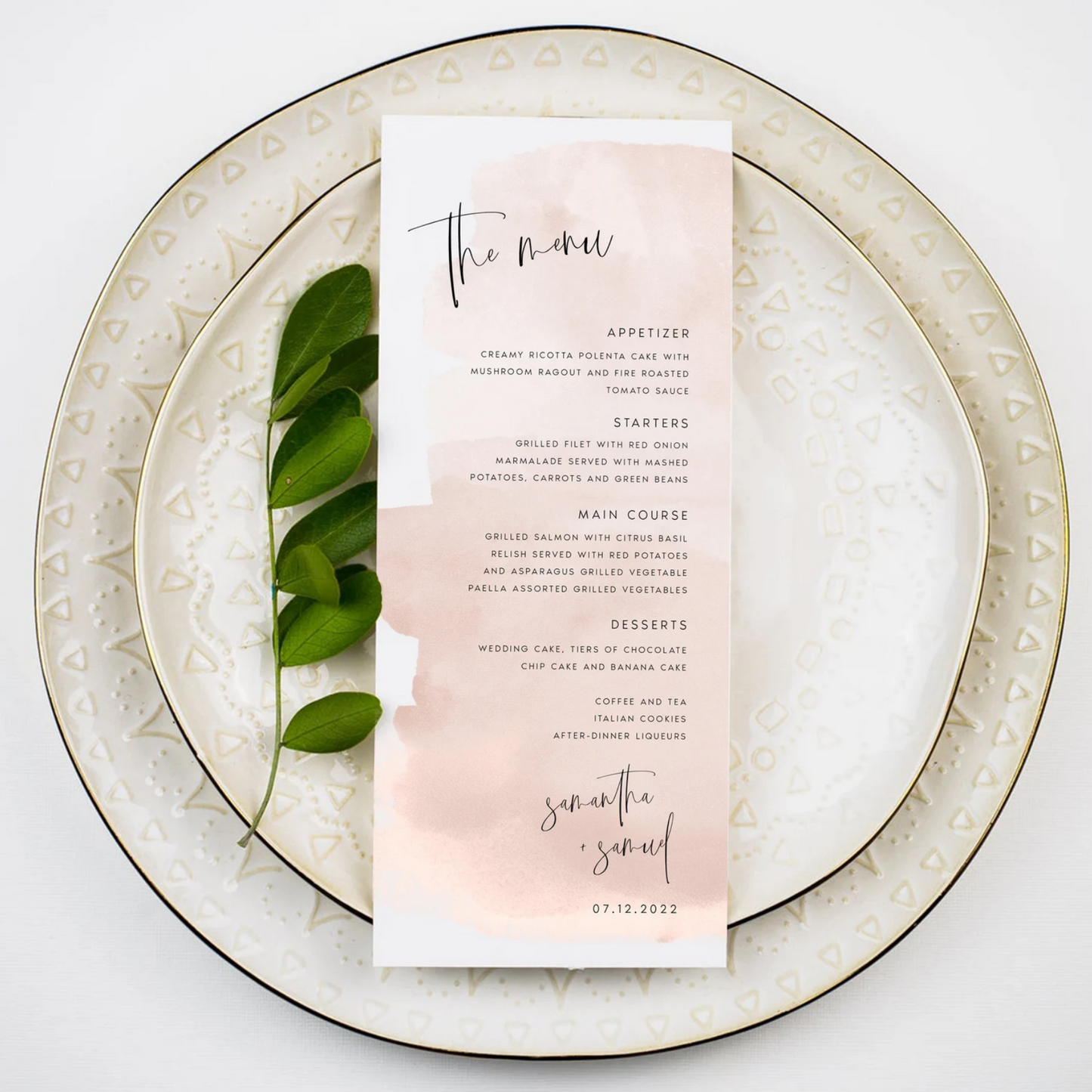 Watercolor Wedding Menu 4x9 Dinner Menu