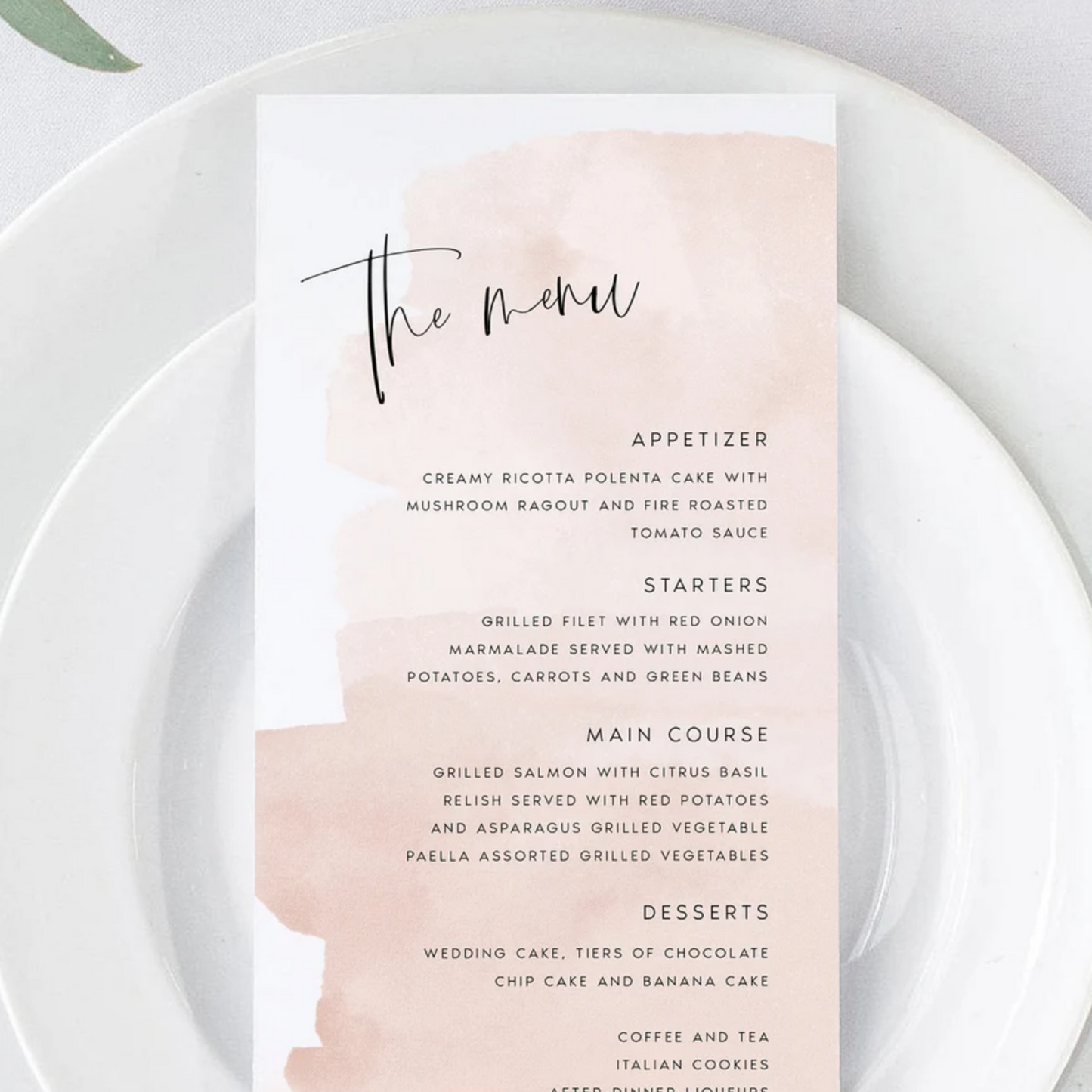 Watercolor Wedding Menu 4x9 Dinner Menu