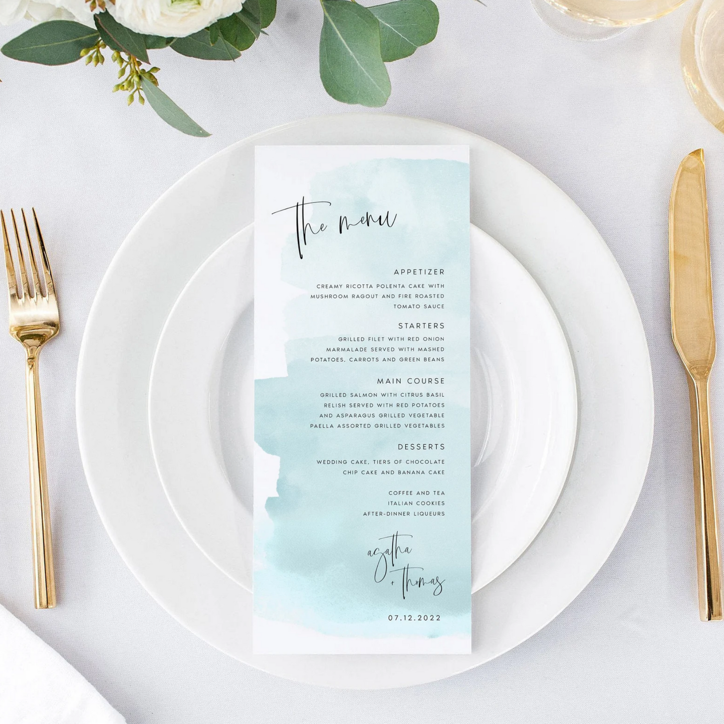 Watercolor Wedding Menu 4x9 Dinner Menu