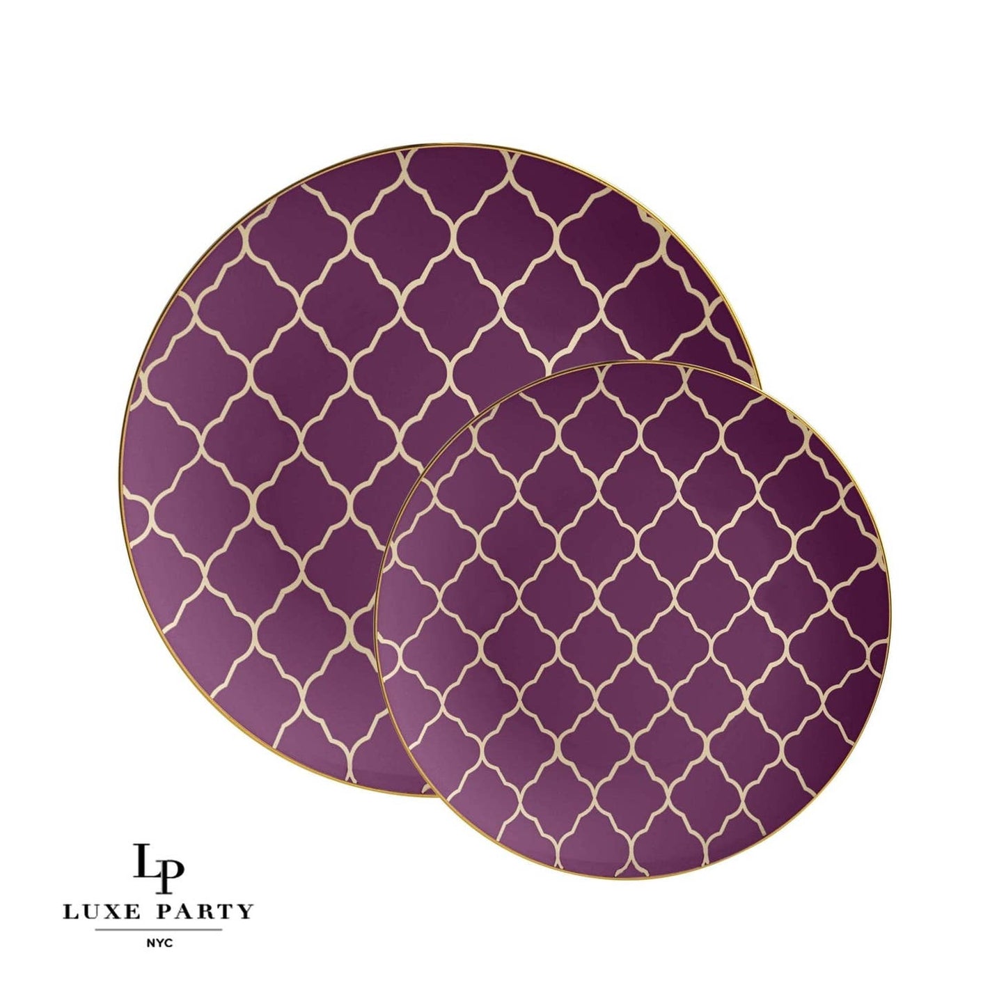Round Purple • Gold Lattice Pattern Plastic Plates | 10 Pack