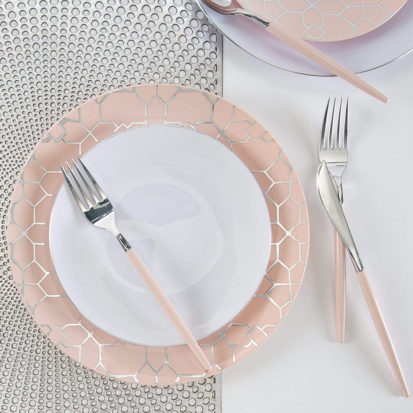 Round Blush • Silver Pattern Plastic Plates | 10 Pack