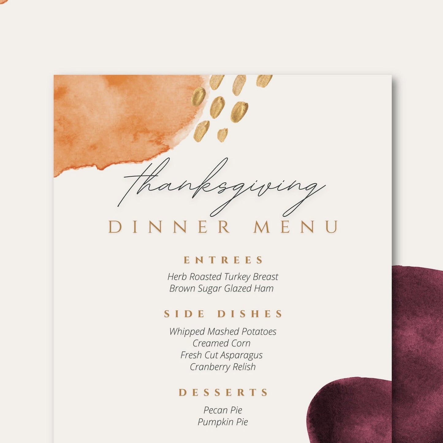 Watercolor Fall Thanksgiving Dinner Menu